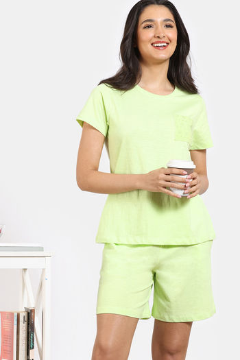 Buy Zivame 2 Mile Fashion Knit Cotton Shorts Set - Shadow Lime